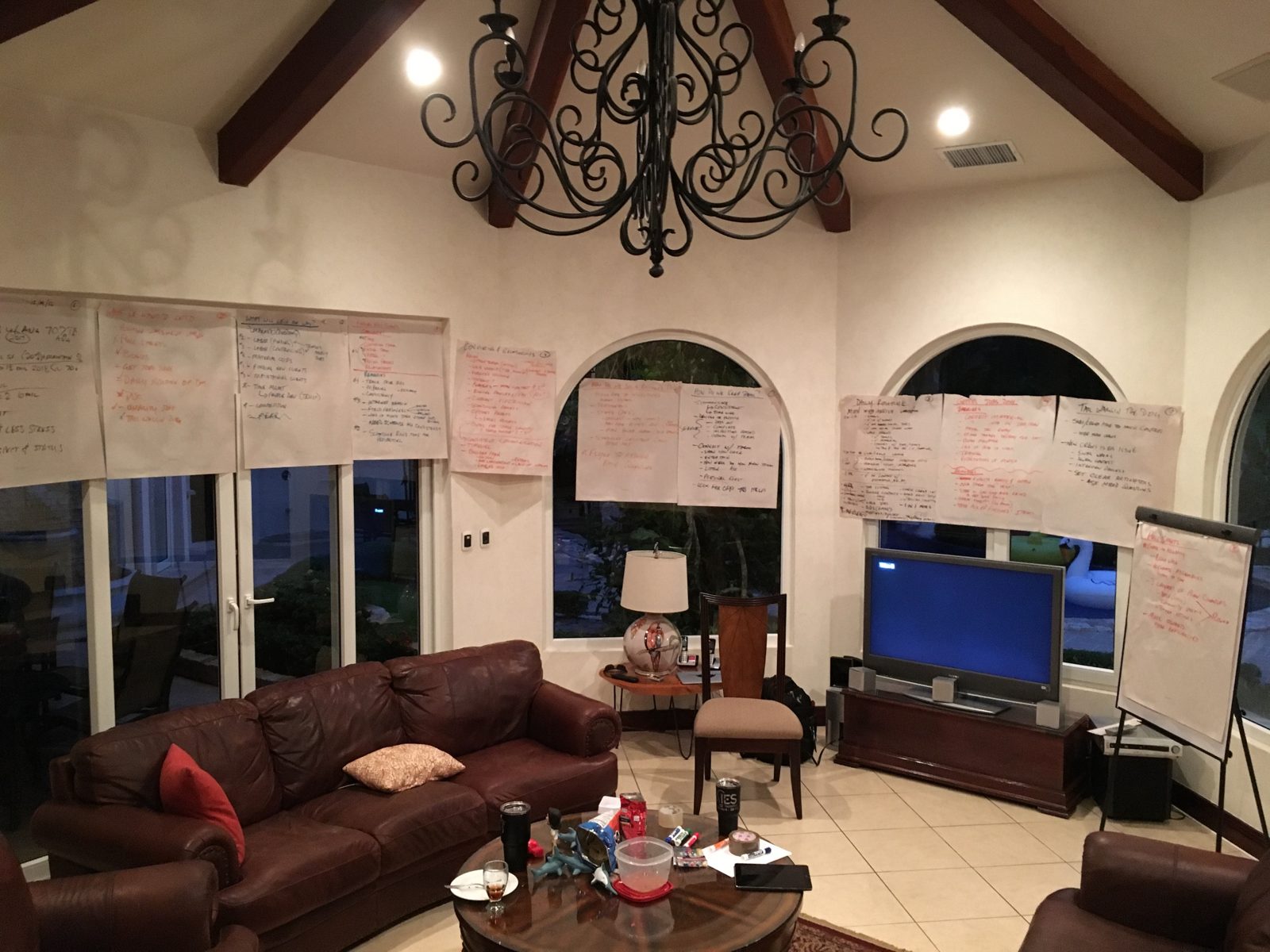 Retreat working session, plans covering the walls of a villa